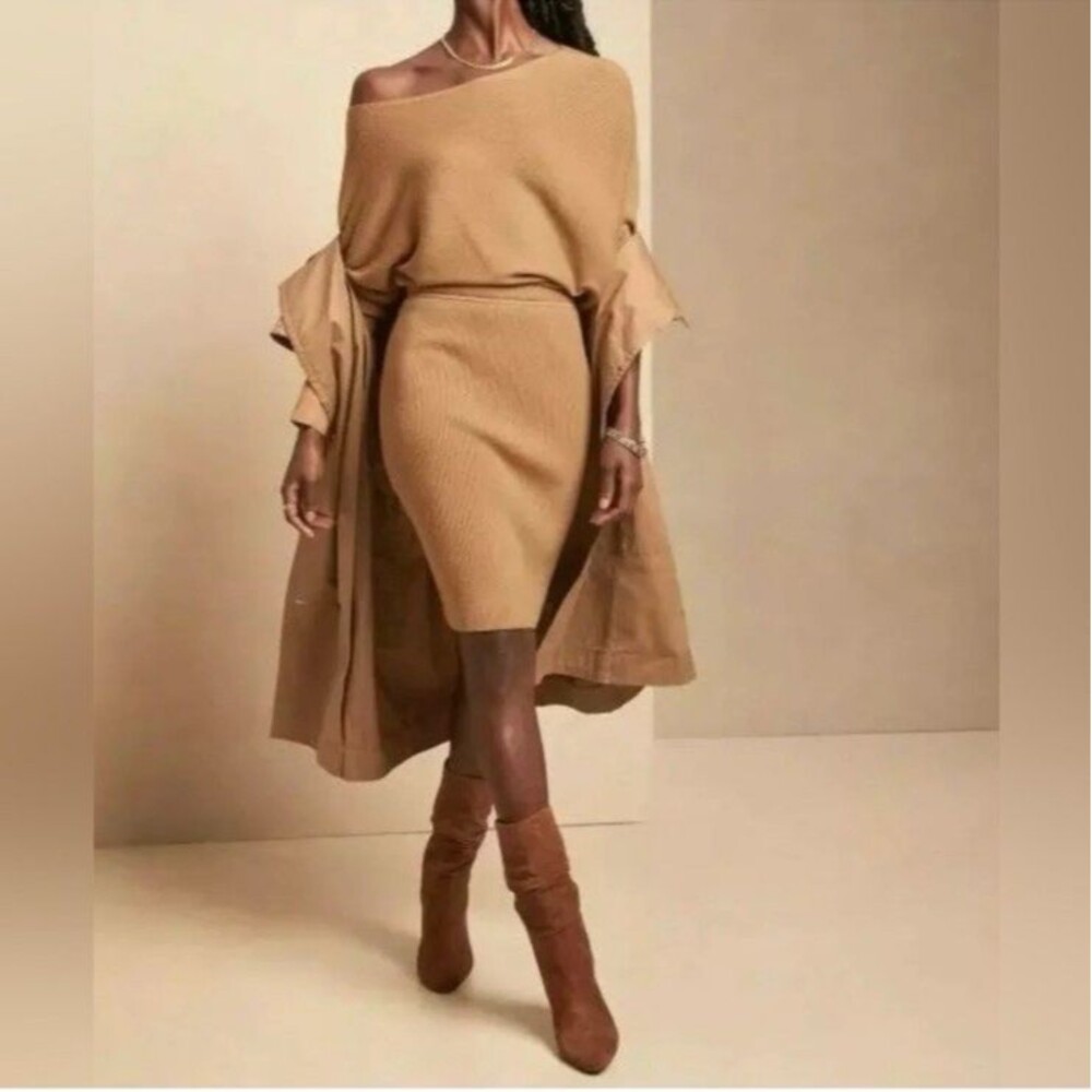 Banana Republic Women's Taupe Ribbed Knit Off-The-Shoulder Midi Dress Size XL
